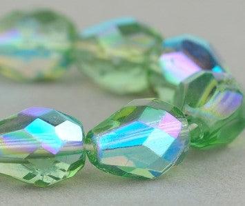 Faceted Drop Czech Glass, TR Green AB 7x9mm - PoCo Inspired