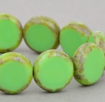 Lentil Coin Czech Glass, Green with Picasso 11mm - PoCo Inspired