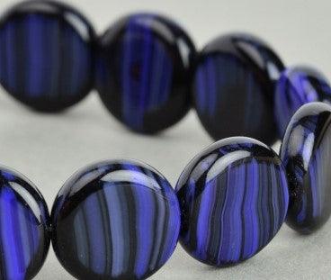 Pressed Coin Czech Glass, Navy Jet Stripe 12mm - PoCo Inspired