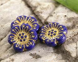 Wild Rose Czech Glass, Op Blue with Gold Wash 14mm - PoCo Inspired